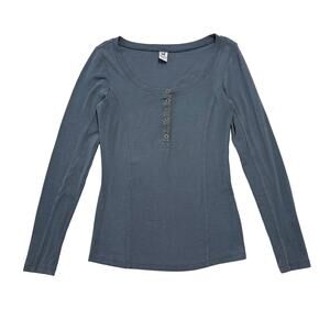 Peruvian Connection Pima Cotton Henley Shirt | Button Layering Top | Blue Gray M
